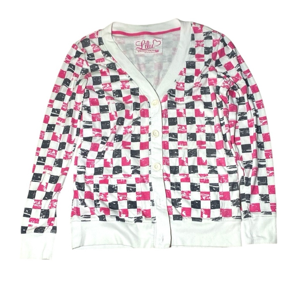 Lilu Pink and White Checkered Cardigan Sweater